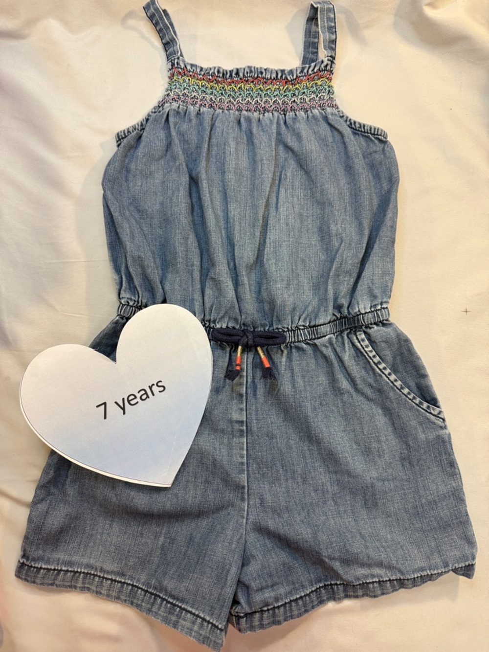 Cat & Jack Denim Smocked Romper with Rainbow Stitching